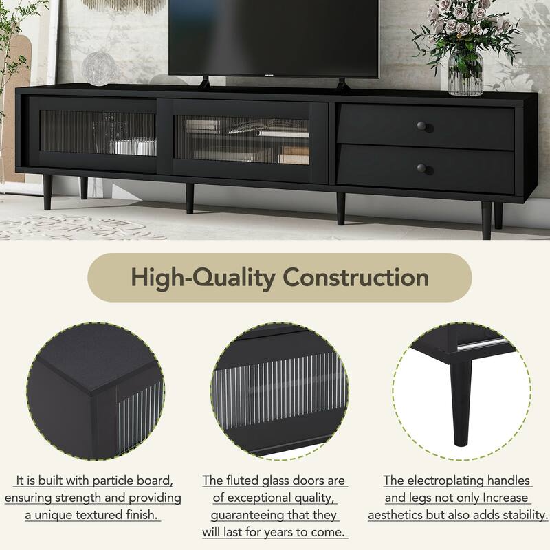 TV Stand with Sliding Fluted Glass Doors, Slanted Drawers Media Console